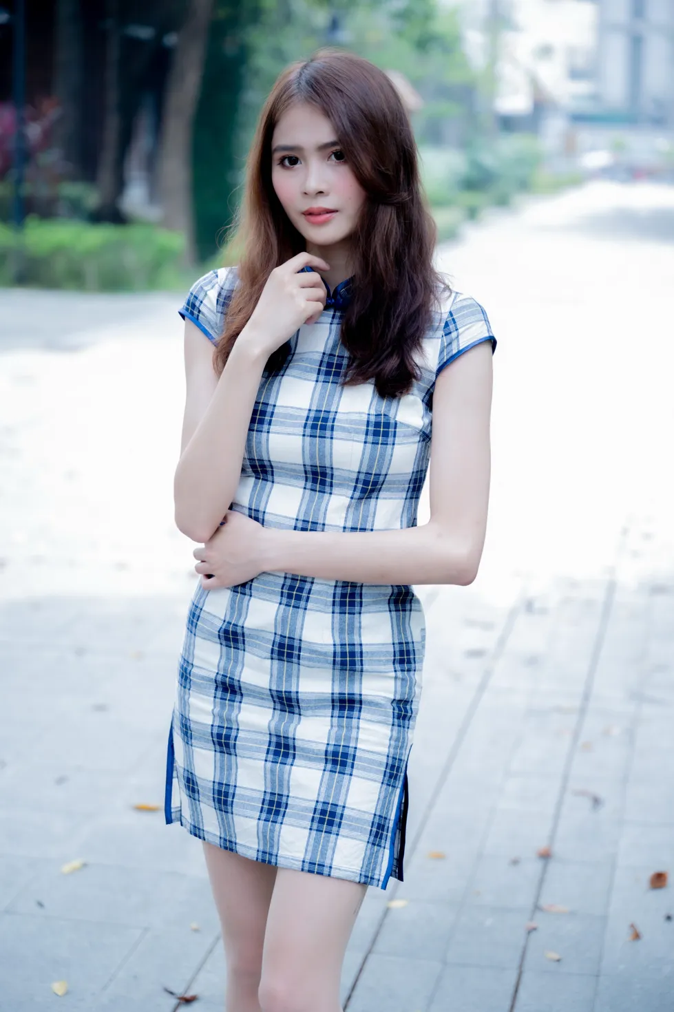 [Mzsock] NO.205 He Jiaxin plaid short cheongsam stockings high heels beautiful legs street photography#[84P]-4