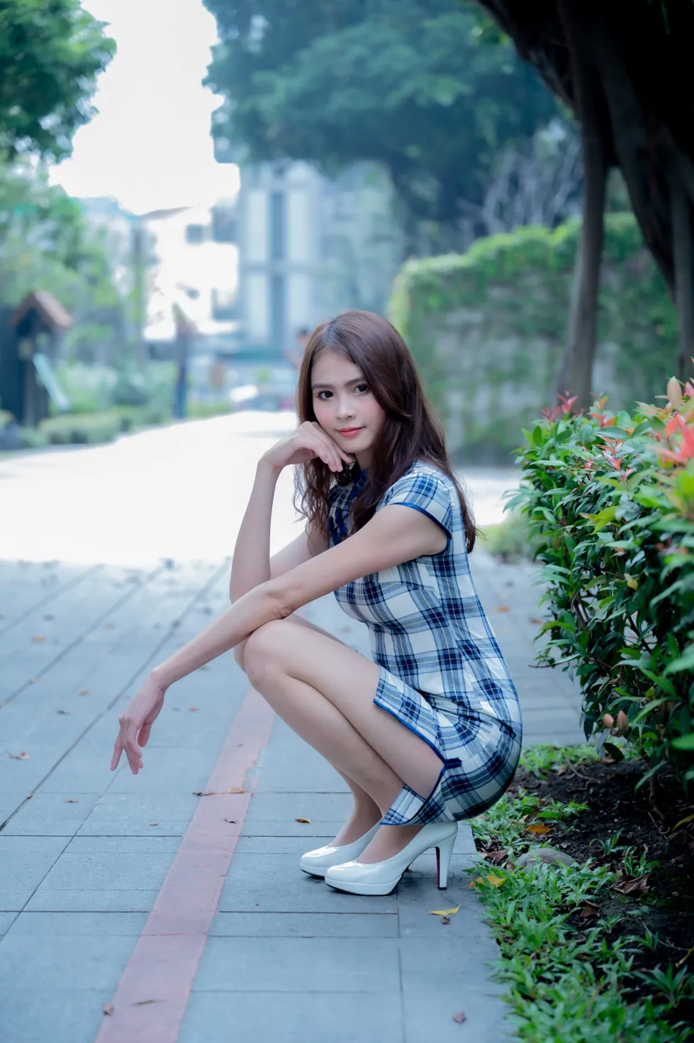 [Mzsock] NO.205 He Jiaxin plaid short cheongsam stockings high heels beautiful legs street photography#[84P]-2