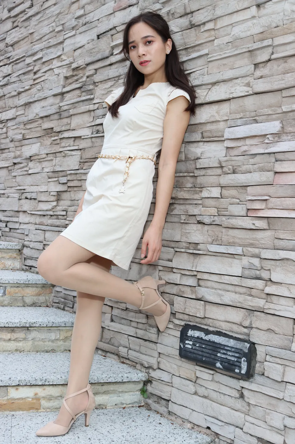 [Mzsock] NO.107 Vency Shen beige dress stockings high heels beautiful legs street photography#[70P]-7